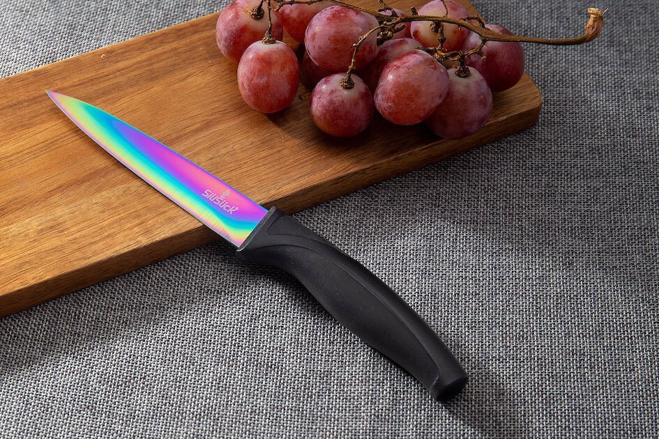 Steak Knife Set 4 Rainbow Titanium Coated Blades & Black Handles