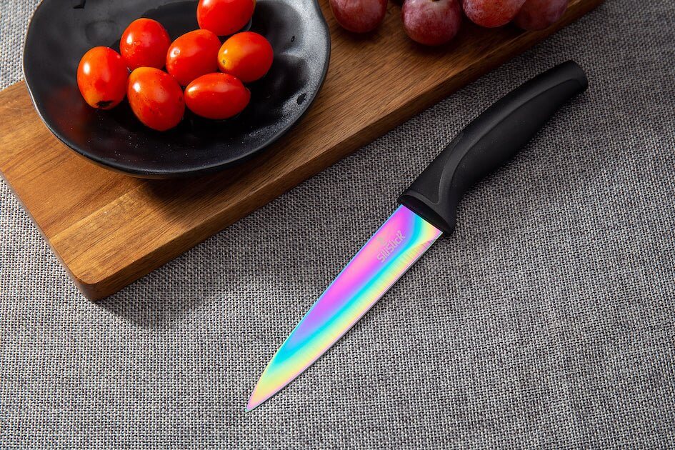 Steak Knife Set 4 Rainbow Titanium Coated Blades & Black Handles