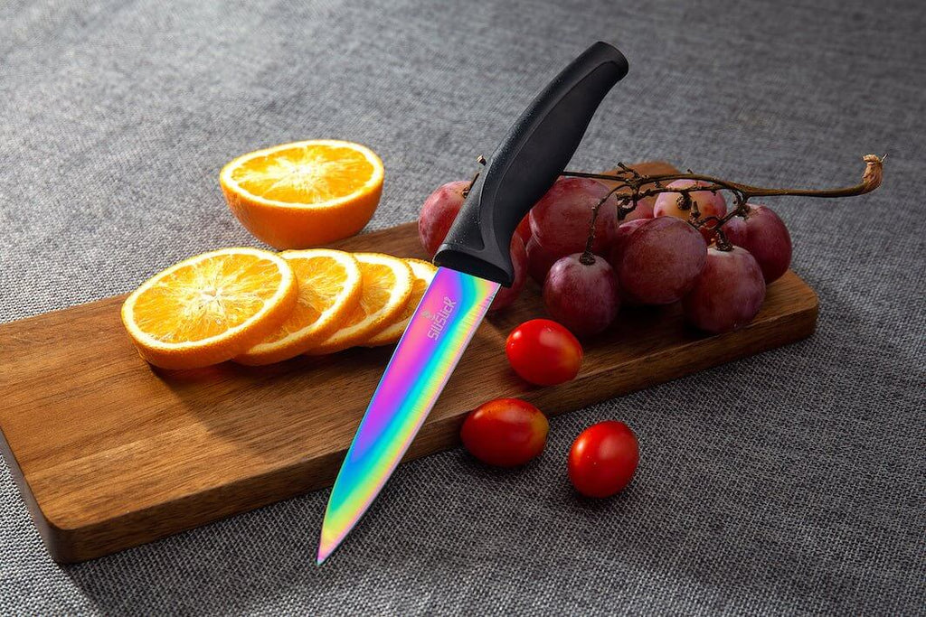 Steak Knife Set 4 Rainbow Titanium Coated Blades & Black Handles