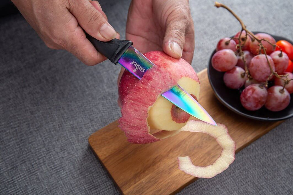 Steak Knife Set 4 Rainbow Titanium Coated Blades & Black Handles