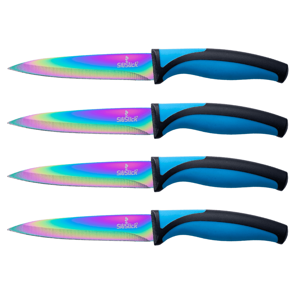 Steak Knife Set 4 Rainbow Titanium Coated Blades & Blue Handles