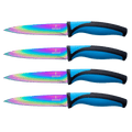 Steak Knife Set 4 Rainbow Titanium Coated Blades & Blue Handles