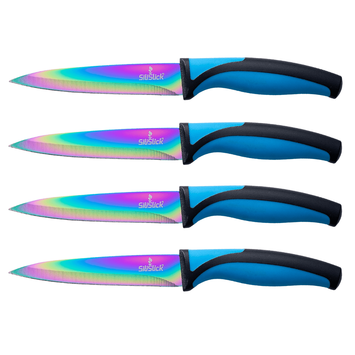 Steak Knife Set 4 Rainbow Titanium Coated Blades & Blue Handles